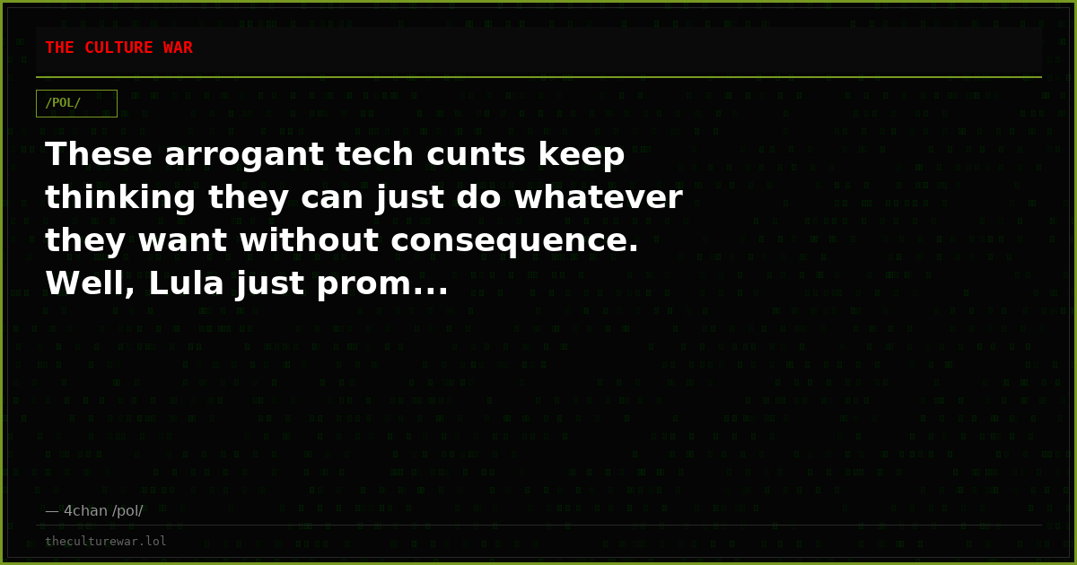 These arrogant tech cunts keep thinking they can just do whatever they want without consequence. Well, Lula just prom...