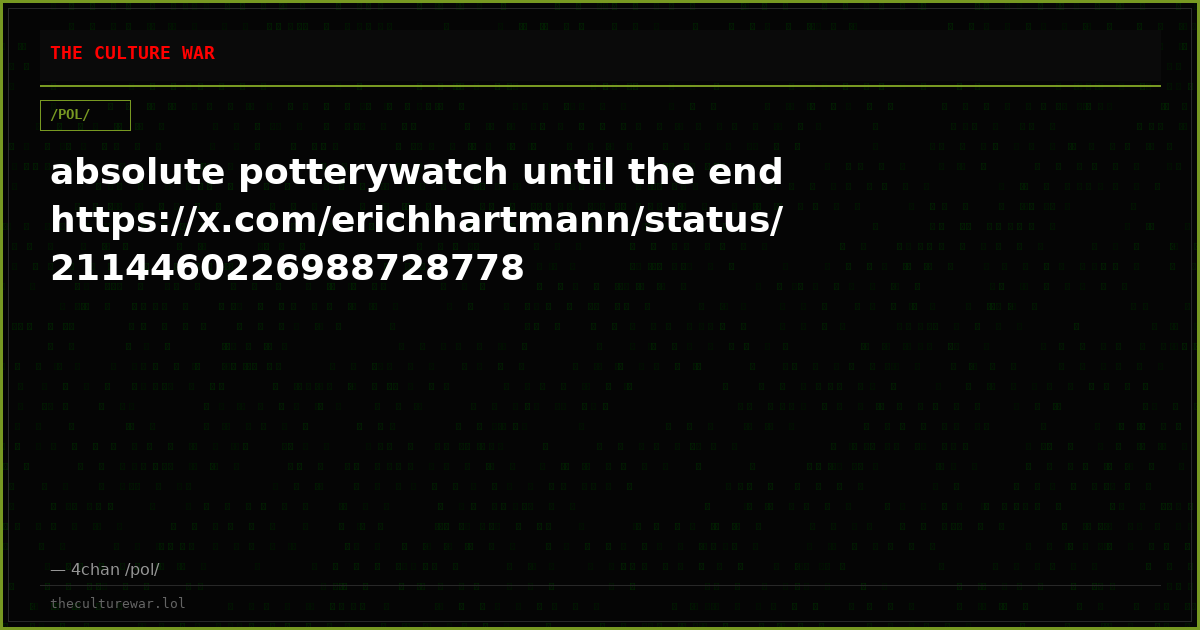 absolute potterywatch until the endhttps://x.com/erichhartmann/status/2114460226988728778