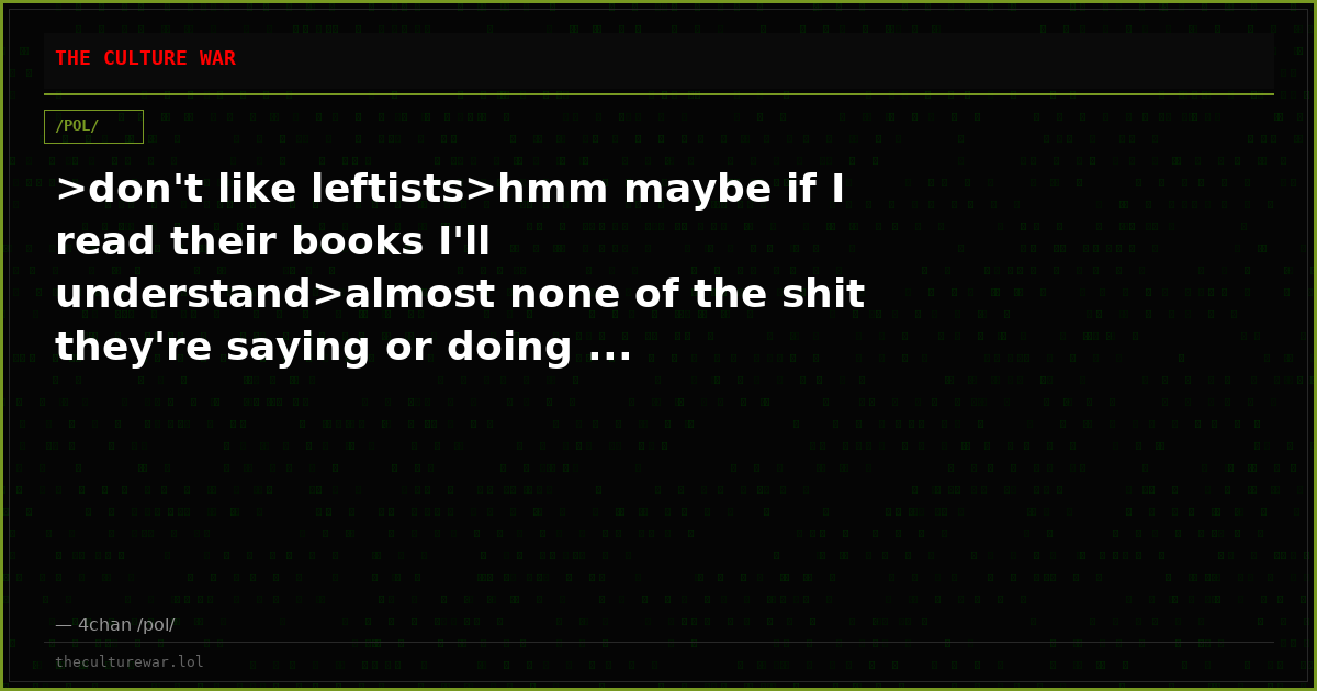 >don't like leftists>hmm maybe if I read their books I'll understand>almost none of the shit they're saying or doing ...