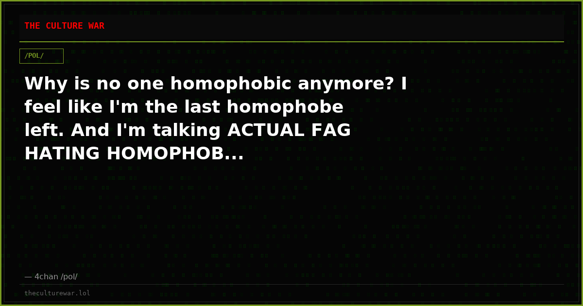 Why is no one homophobic anymore? I feel like I'm the last homophobe left. And I'm talking ACTUAL FAG HATING HOMOPHOB...