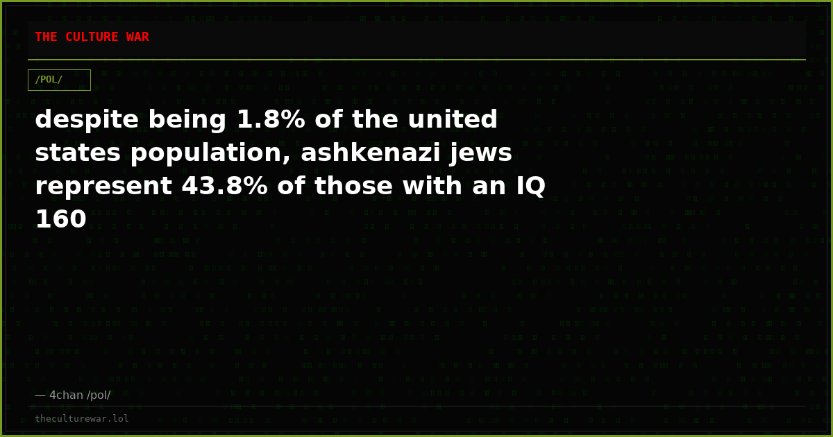 despite being 1.8% of the united states population, ashkenazi jews represent 43.8% of those with an IQ 160