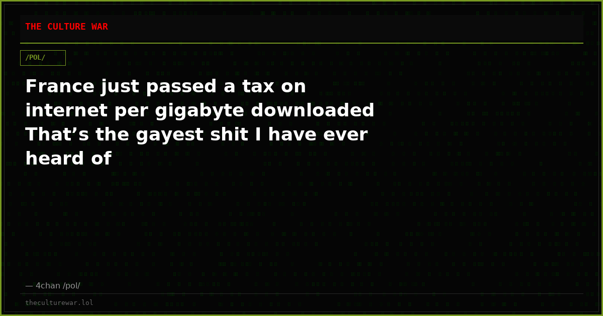 France just passed a tax on internet per gigabyte downloaded That’s the gayest shit I have ever heard of