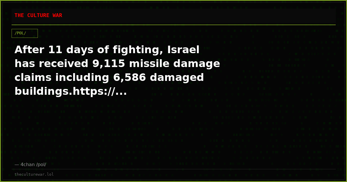 After 11 days of fighting, Israel has received 9,115 missile damage claims including 6,586 damaged buildings.https://...