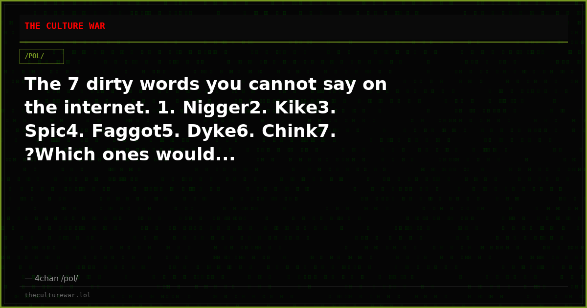 The 7 dirty words you cannot say on the internet. 1. Nigger2. Kike3. Spic4. Faggot5. Dyke6. Chink7. ?Which ones would...