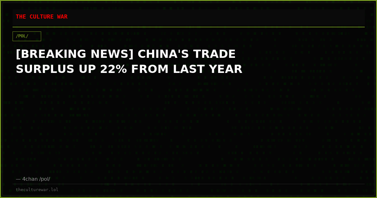 [BREAKING NEWS] CHINA'S TRADE SURPLUS UP 22% FROM LAST YEAR