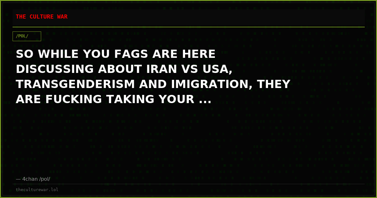 SO WHILE YOU FAGS ARE HERE DISCUSSING ABOUT IRAN VS USA, TRANSGENDERISM AND IMIGRATION, THEY ARE FUCKING TAKING YOUR ...