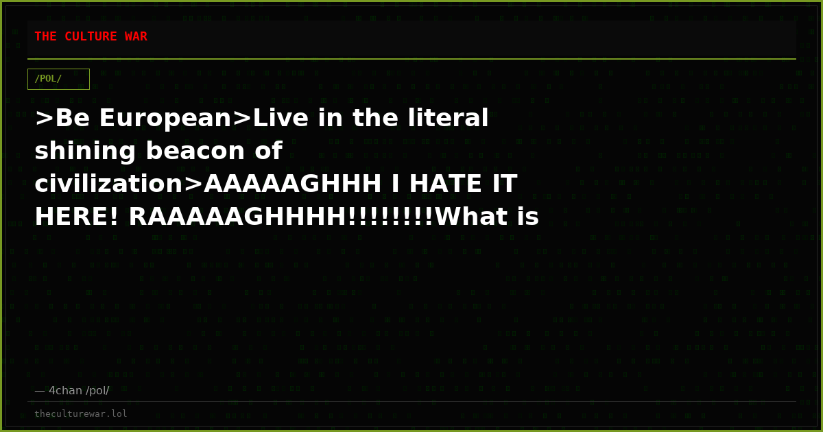 >Be European>Live in the literal shining beacon of civilization>AAAAAGHHH I HATE IT HERE! RAAAAAGHHHH!!!!!!!!What is ...