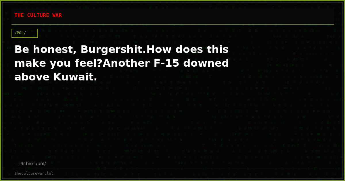 Be honest, Burgershit.How does this make you feel?Another F-15 downed above Kuwait.
