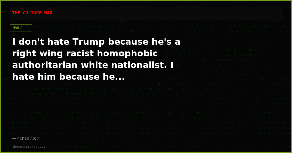 I don't hate Trump because he's a right wing racist homophobic authoritarian white nationalist. I hate him because he...