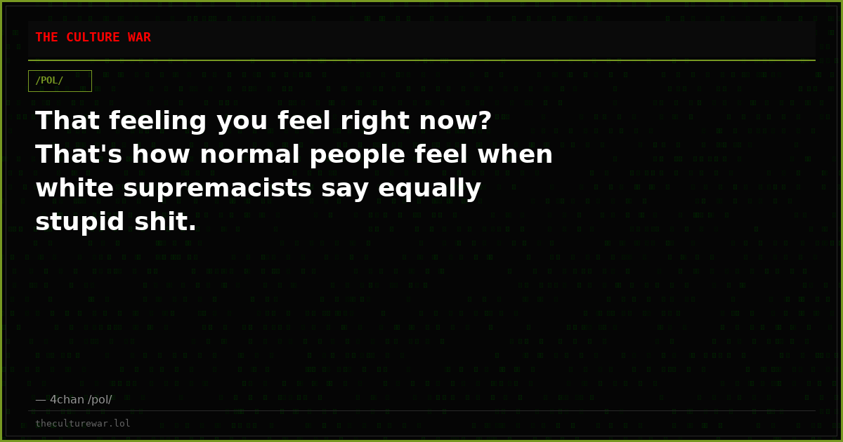 That feeling you feel right now? That's how normal people feel when white supremacists say equally stupid shit.