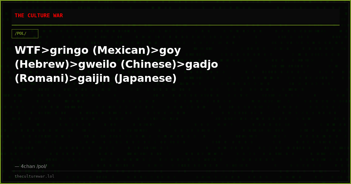 WTF>gringo (Mexican)>goy (Hebrew)>gweilo (Chinese)>gadjo (Romani)>gaijin (Japanese)