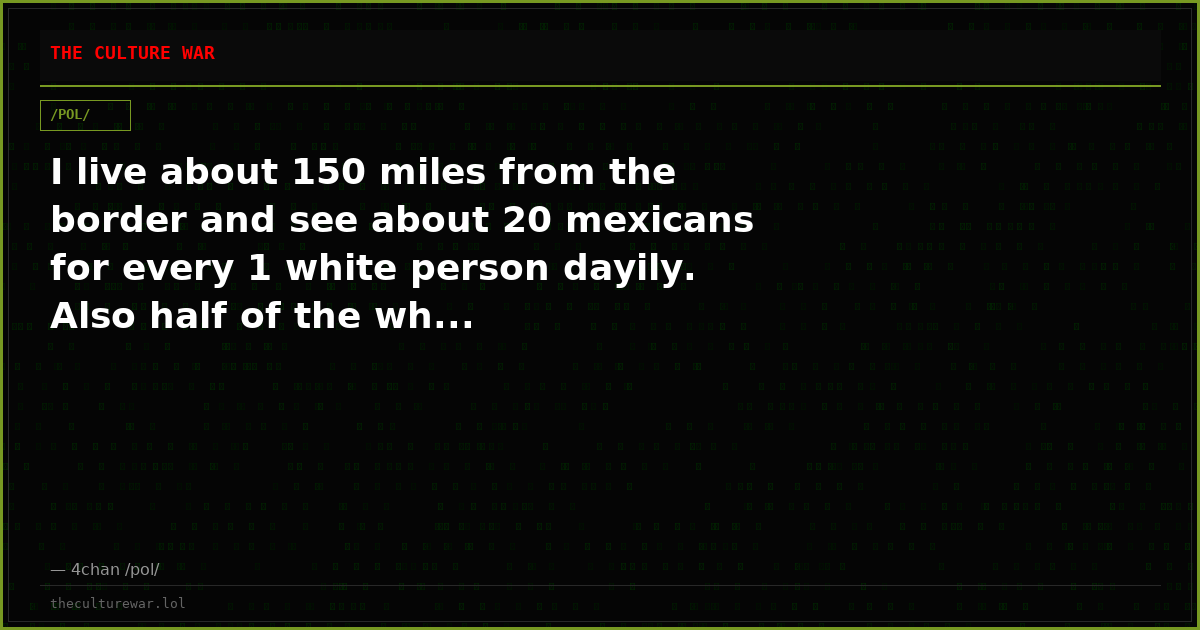 I live about 150 miles from the border and see about 20 mexicans for every 1 white person dayily. Also half of the wh...