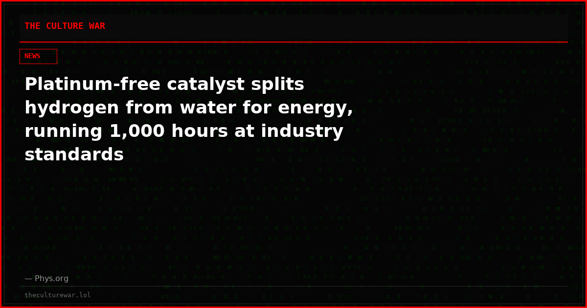 Platinum-free catalyst splits hydrogen from water for energy, running 1,000 hours at industry standards