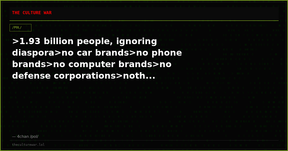 >1.93 billion people, ignoring diaspora>no car brands>no phone brands>no computer brands>no defense corporations>noth...