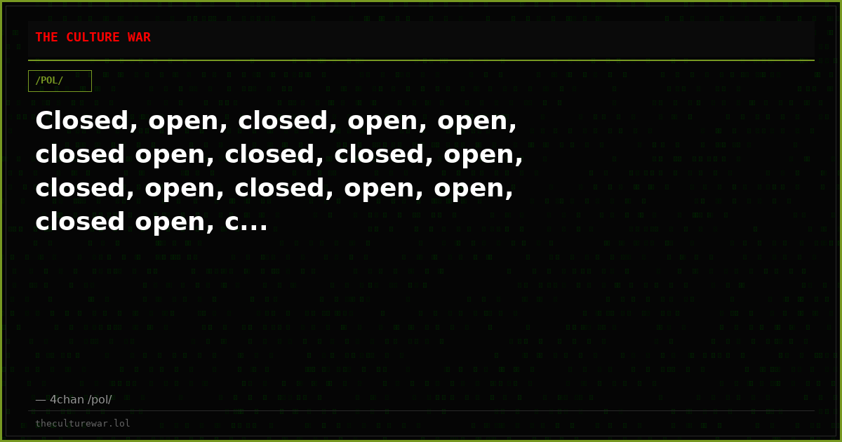 Closed, open, closed, open, open, closed open, closed, closed, open, closed, open, closed, open, open, closed open, c...