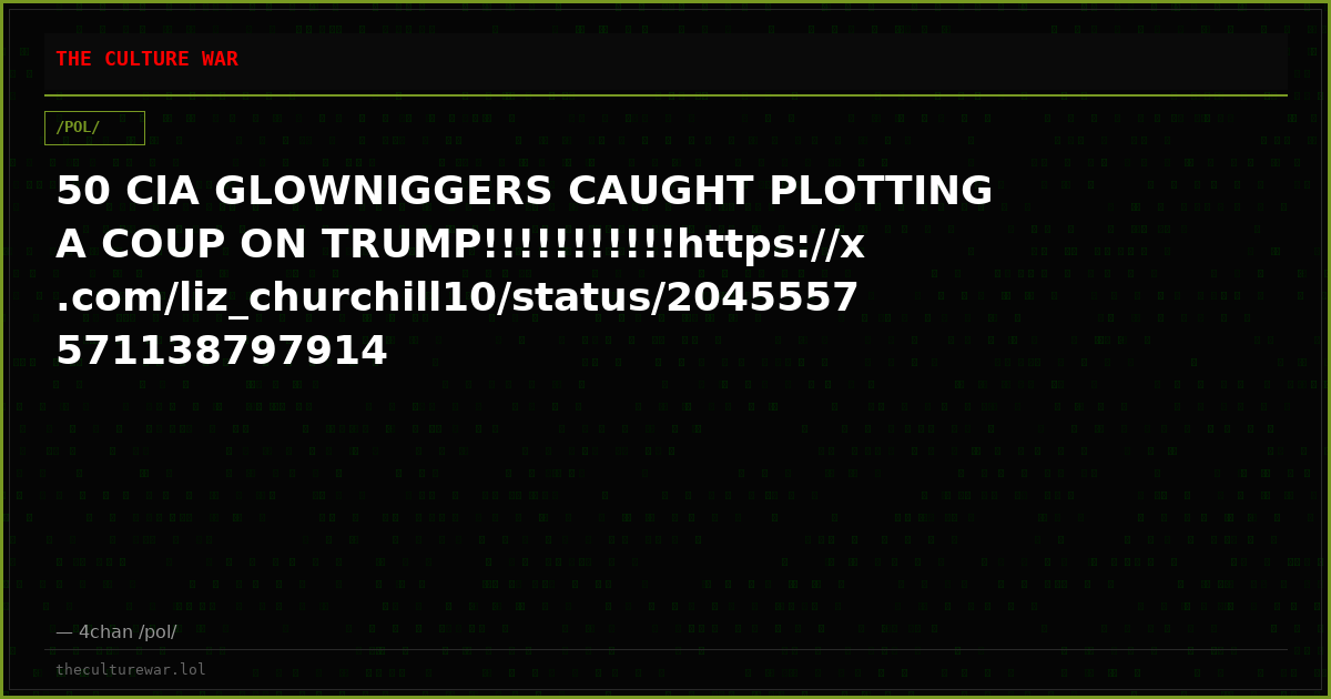 50 CIA GLOWNIGGERS CAUGHT PLOTTING A COUP ON TRUMP!!!!!!!!!!!https://x.com/liz_churchill10/status/2045557571138797914