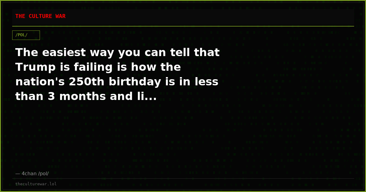 The easiest way you can tell that Trump is failing is how the nation's 250th birthday is in less than 3 months and li...