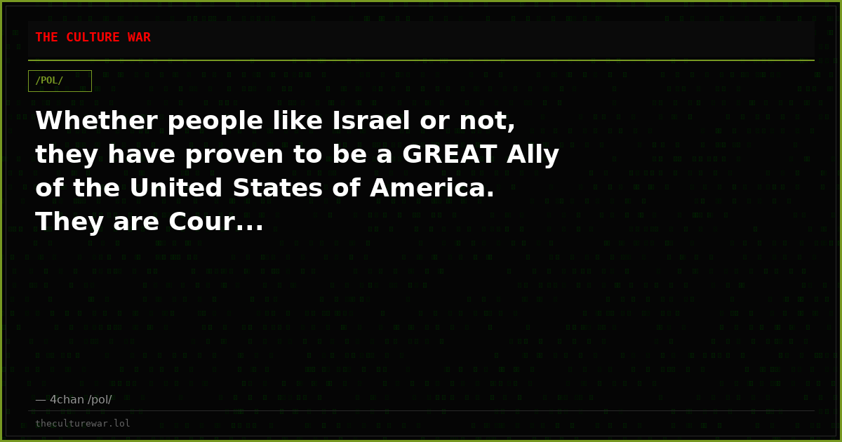 Whether people like Israel or not, they have proven to be a GREAT Ally of the United States of America. They are Cour...
