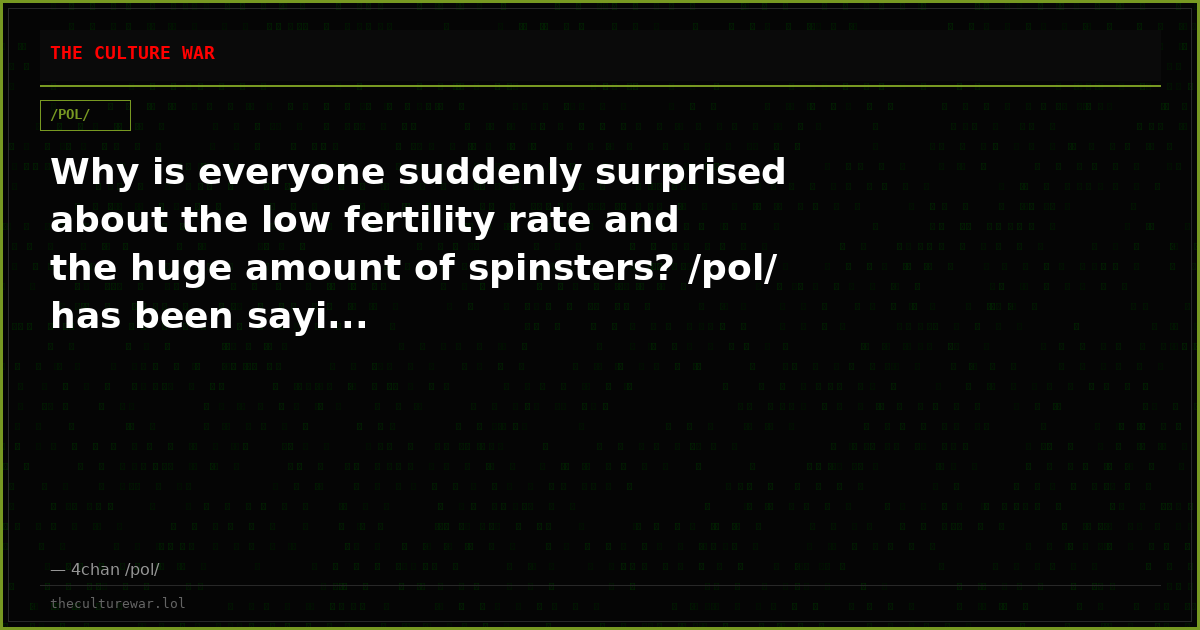 Why is everyone suddenly surprised about the low fertility rate and the huge amount of spinsters? /pol/ has been sayi...