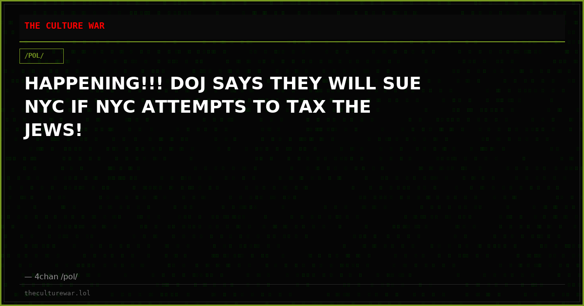 HAPPENING!!! DOJ SAYS THEY WILL SUE NYC IF NYC ATTEMPTS TO TAX THE JEWS!