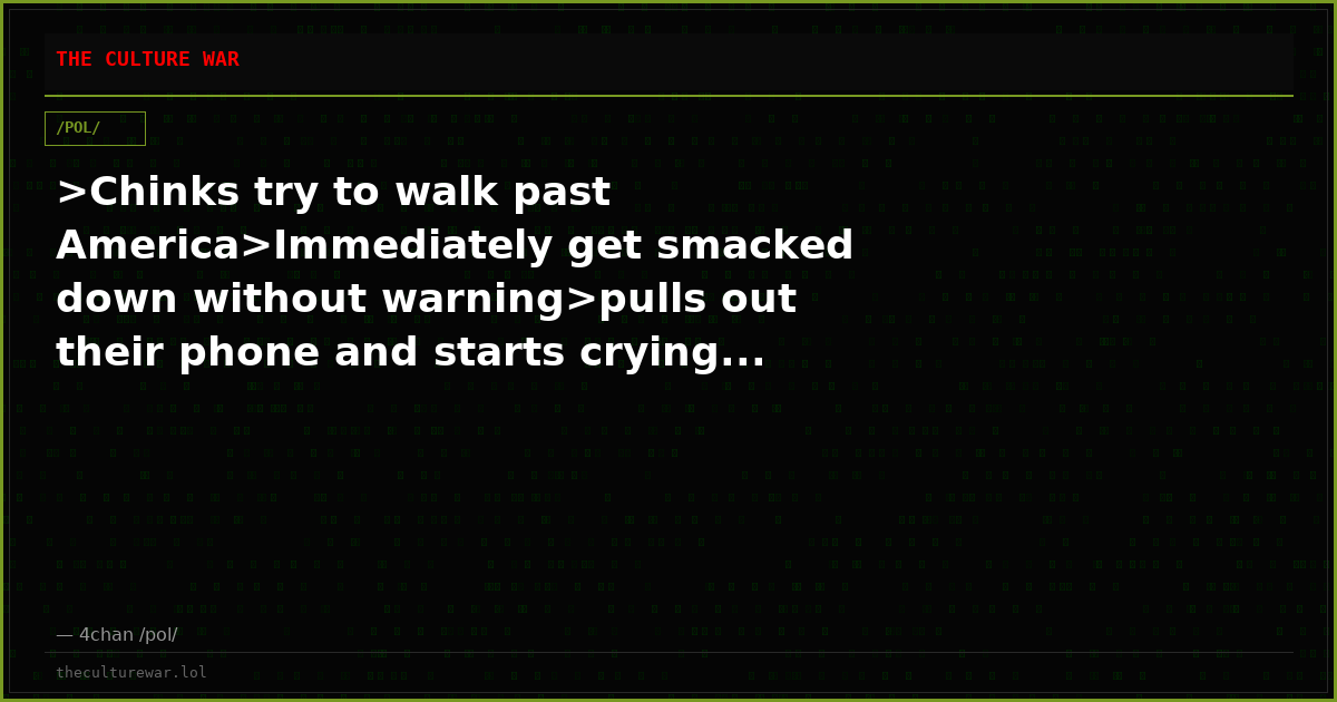 >Chinks try to walk past America>Immediately get smacked down without warning>pulls out their phone and starts crying...