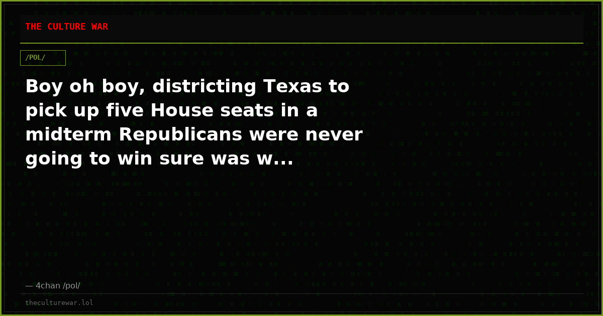 Boy oh boy, districting Texas to pick up five House seats in a midterm Republicans were never going to win sure was w...