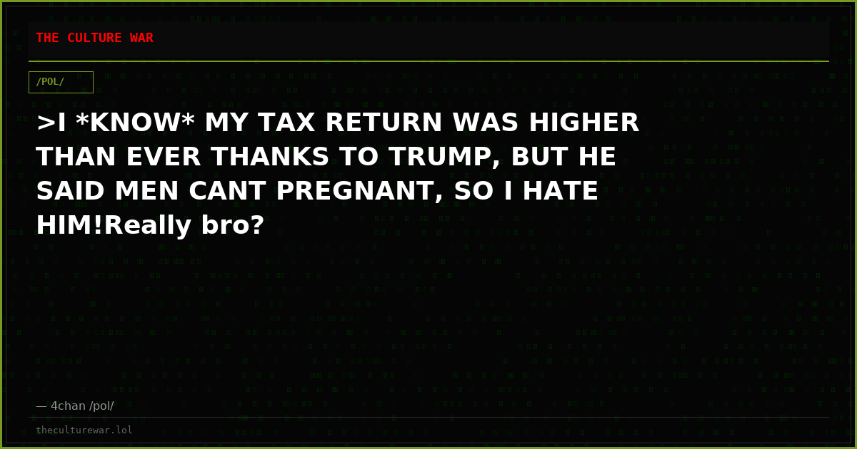 >I *KNOW* MY TAX RETURN WAS HIGHER THAN EVER THANKS TO TRUMP, BUT HE SAID MEN CANT PREGNANT, SO I HATE HIM!Really bro?