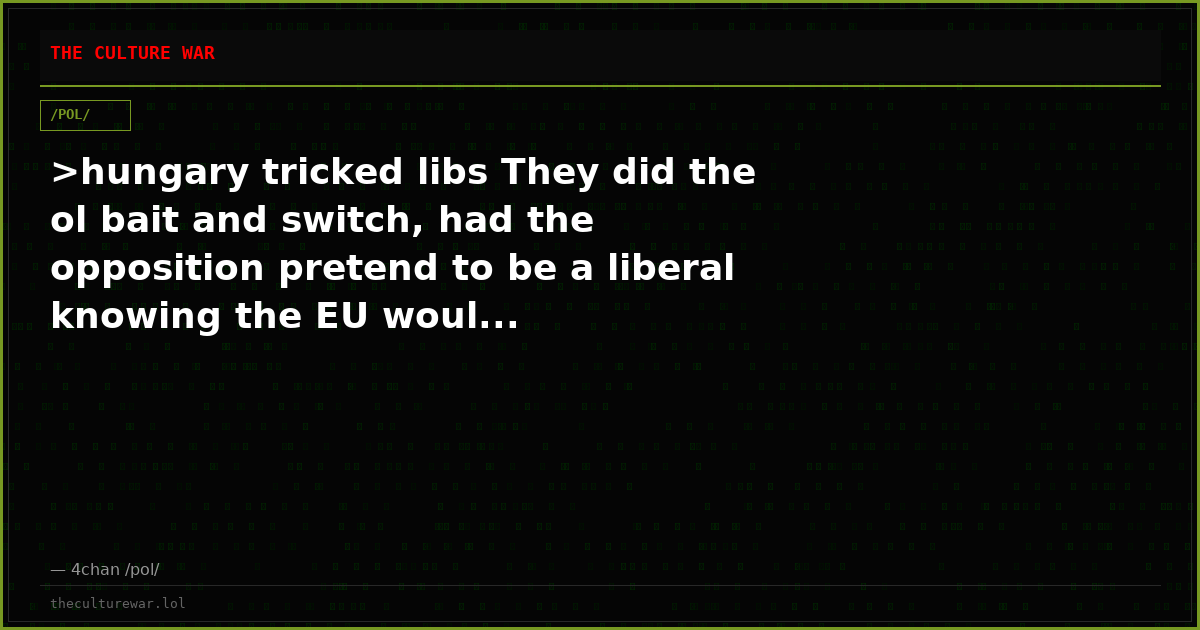 >hungary tricked libs They did the ol bait and switch, had the opposition pretend to be a liberal knowing the EU woul...