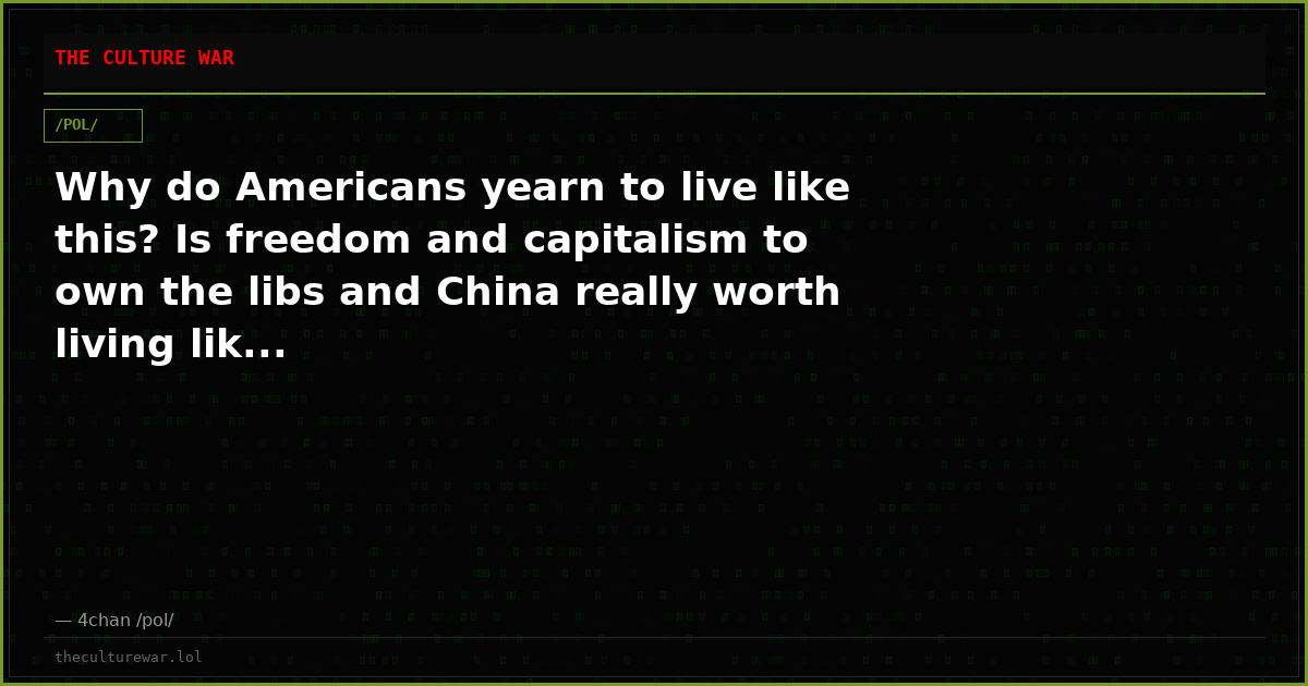 Why do Americans yearn to live like this? Is freedom and capitalism to own the libs and China really worth living lik...