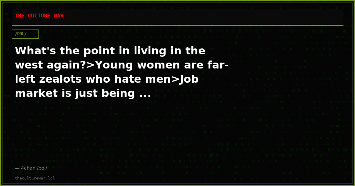 What's the point in living in the west again?>Young women are far-left zealots who hate men>Job market is just being ...