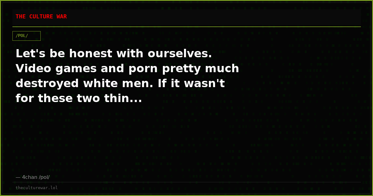 Let's be honest with ourselves. Video games and porn pretty much destroyed white men. If it wasn't for these two thin...