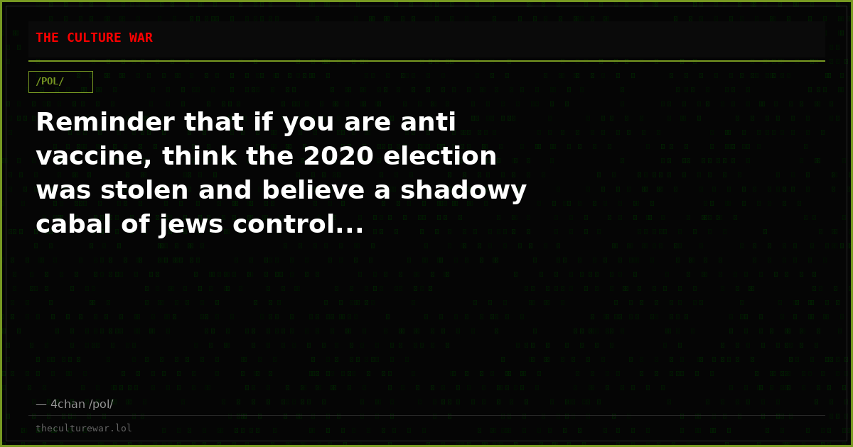 Reminder that if you are anti vaccine, think the 2020 election was stolen and believe a shadowy cabal of jews control...