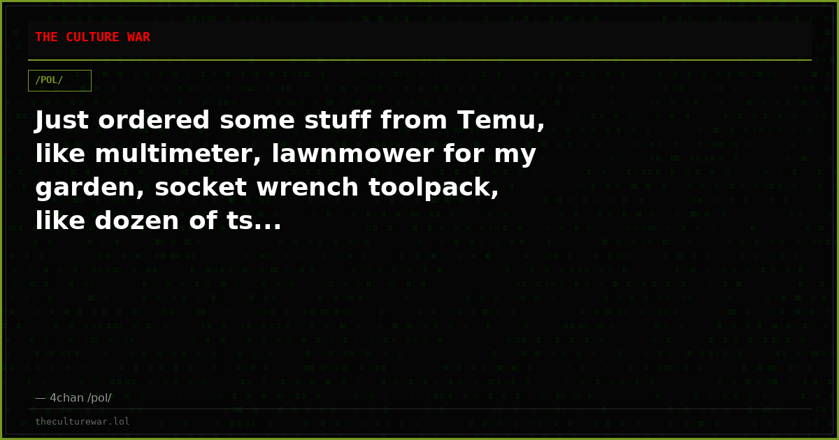 Just ordered some stuff from Temu, like multimeter, lawnmower for my garden, socket wrench toolpack, like dozen of ts...