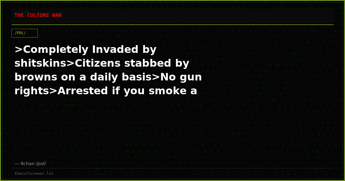 >Completely Invaded by shitskins>Citizens stabbed by browns on a daily basis>No gun rights>Arrested if you smoke a ci...