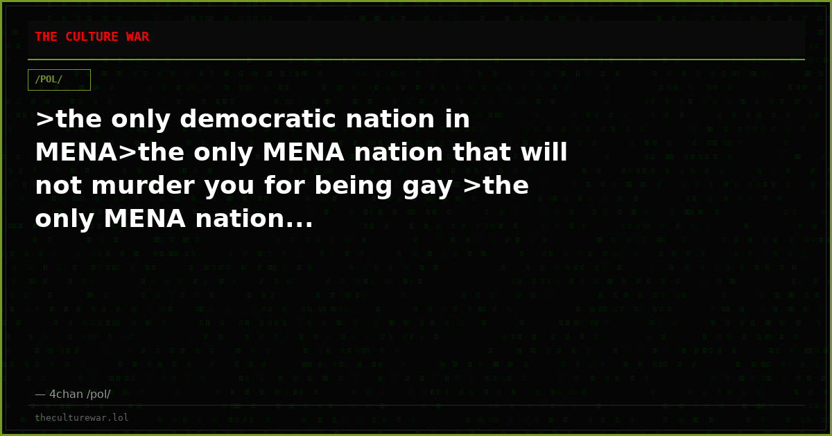 >the only democratic nation in MENA>the only MENA nation that will not murder you for being gay >the only MENA nation...