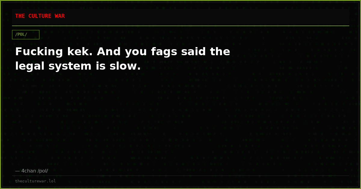 Fucking kek. And you fags said the legal system is slow.
