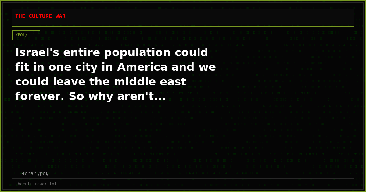 Israel's entire population could fit in one city in America and we could leave the middle east forever. So why aren't...