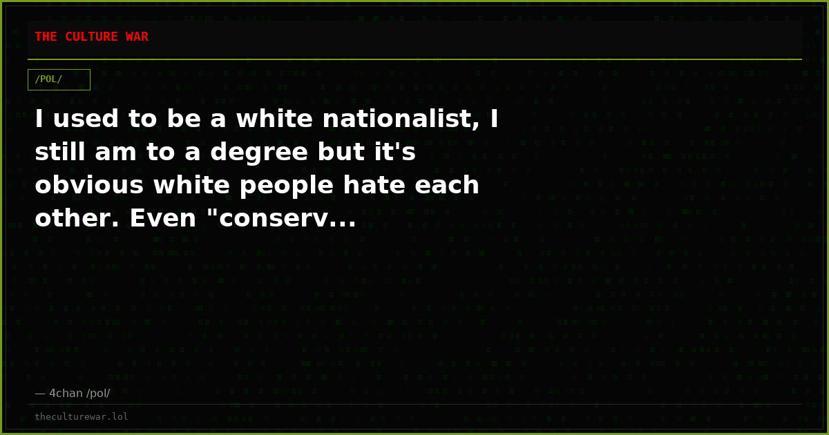 I used to be a white nationalist, I still am to a degree but it's obvious white people hate each other. Even "conserv...