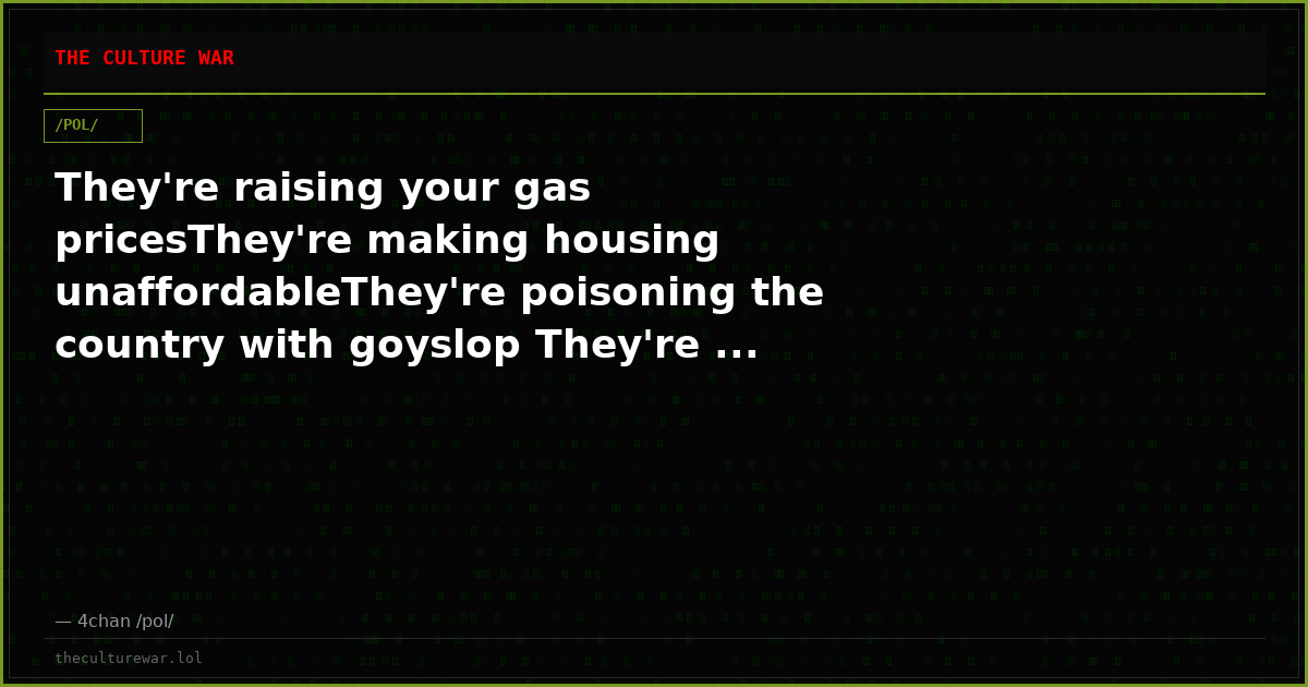 They're raising your gas pricesThey're making housing unaffordableThey're poisoning the country with goyslop They're ...