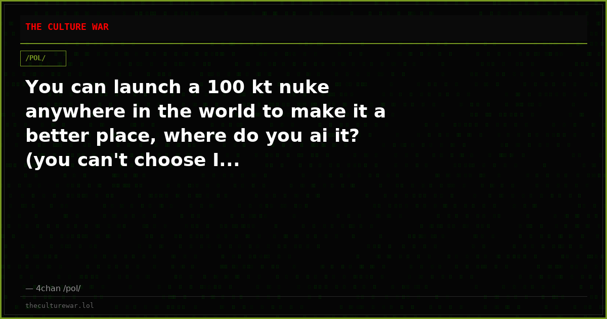 You can launch a 100 kt nuke anywhere in the world to make it a better place, where do you ai it? (you can't choose I...