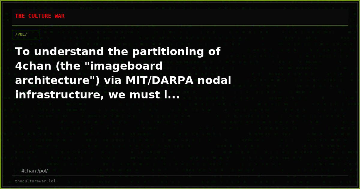 To understand the partitioning of 4chan (the "imageboard architecture") via MIT/DARPA nodal infrastructure, we must l...