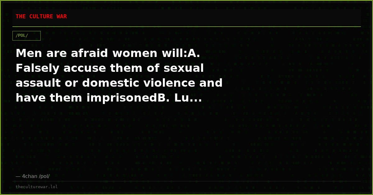 Men are afraid women will:A. Falsely accuse them of sexual assault or domestic violence and have them imprisonedB. Lu...