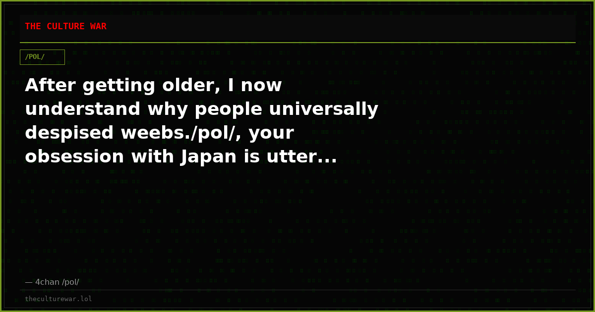 After getting older, I now understand why people universally despised weebs./pol/, your obsession with Japan is utter...