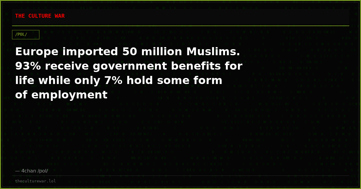 Europe imported 50 million Muslims. 93% receive government benefits for life while only 7% hold some form of employment