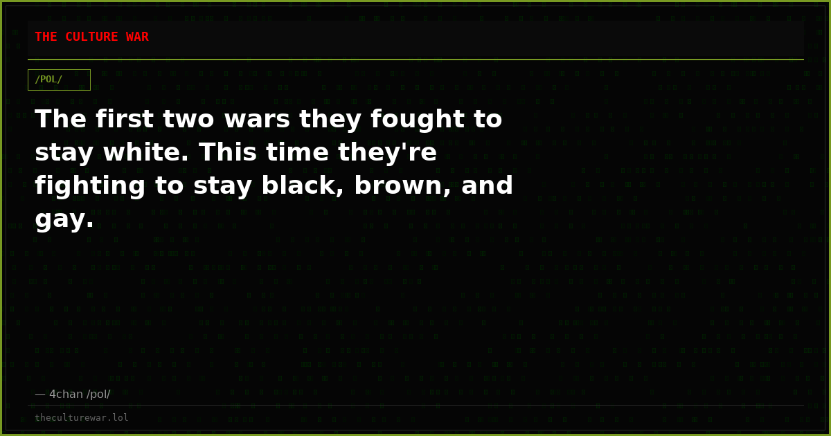 The first two wars they fought to stay white. This time they're fighting to stay black, brown, and gay.