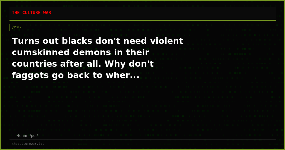 Turns out blacks don't need violent cumskinned demons in their countries after all. Why don't faggots go back to wher...