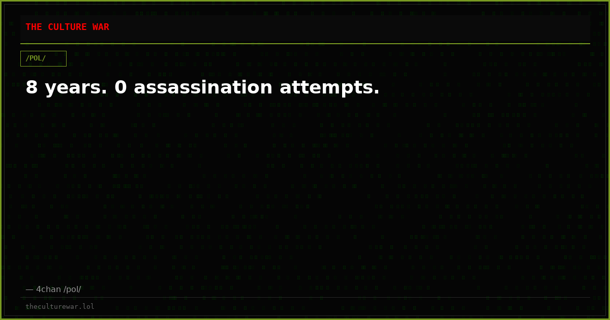 8 years. 0 assassination attempts.