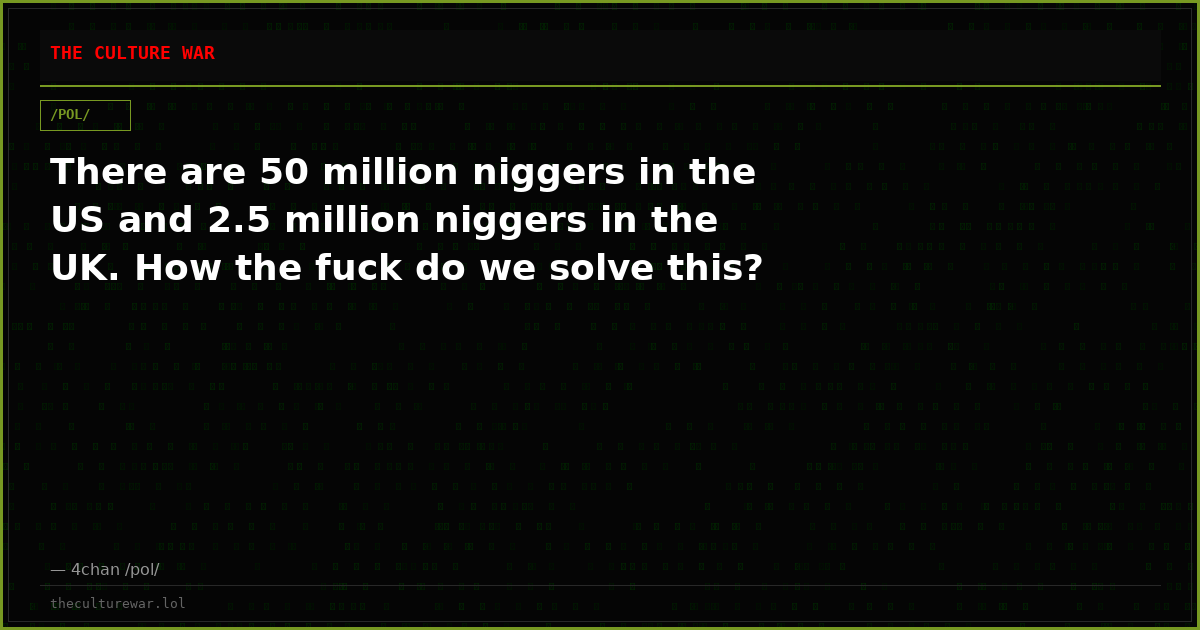 There are 50 million niggers in the US and 2.5 million niggers in the UK. How the fuck do we solve this?