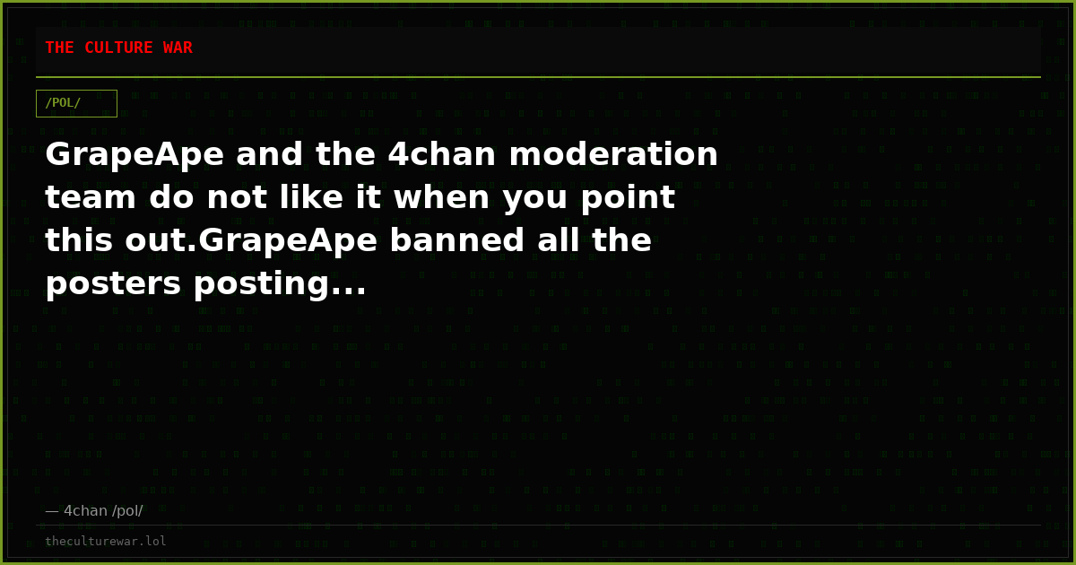 GrapeApe and the 4chan moderation team do not like it when you point this out.GrapeApe banned all the posters posting...