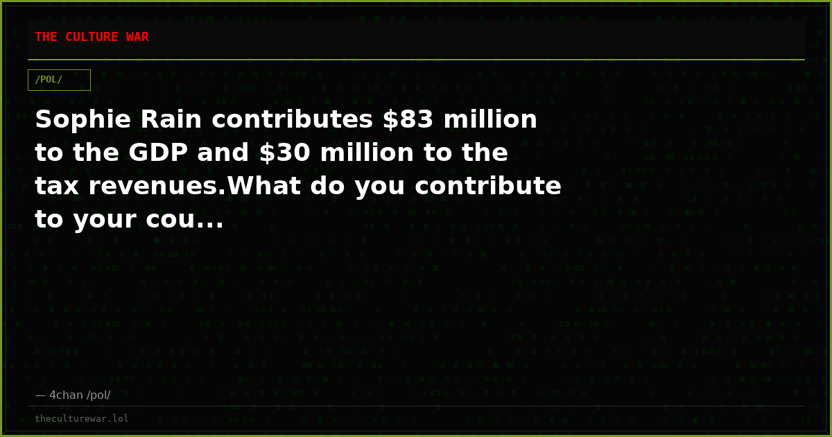 Sophie Rain contributes $83 million to the GDP and $30 million to the tax revenues.What do you contribute to your cou...